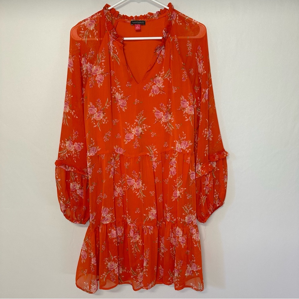 Vince Camuto Chiffon Ruffled Blouson Mini Dress Floral Orange Pink Size M